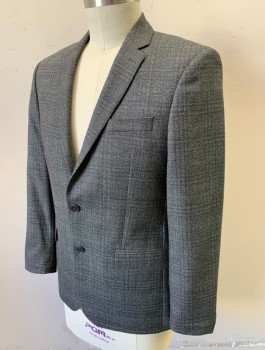 JOHN VARVATOS, Dk Gray, Charcoal Gray, Wool, Plaid, Single Breasted, Notched Lapel, 2 Buttons, 3 Pockets