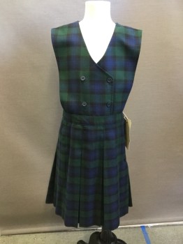 Childrens, Jumper, PRIVATE LINE, Dk Green, Navy Blue, Black, Wool, Polyester, Plaid, 8, V-neck, Sleeveless, Double Breasted, Drop Pleated Skirt, Side Zipper,