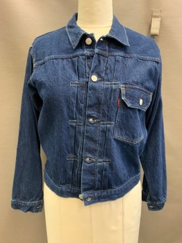 Womens, Jean Jacket, LEVI'S, Blue, Cotton, Solid, L, Vintage Styling, 1 Flap Pocket, Cropped and Boxy, Attached Back Buckle Belt, Front and Back Yoke, Stitched Tucks Center Front,