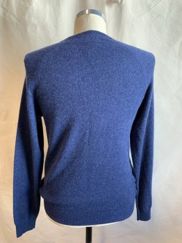 Mens, Pullover Sweater, 1901, Navy Blue, Cashmere, Heathered, M, Crew Neck, Ribbed Knit Neck/Waistband/Cuff, Raglan Long Sleeves