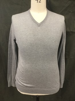 TED BAKER, Lt Gray, Cotton, Silk, Heathered, Ribbed Knit V-neck, Long Sleeves, Ribbed Knit Cuff/Waistband