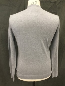 TED BAKER, Lt Gray, Cotton, Silk, Heathered, Ribbed Knit V-neck, Long Sleeves, Ribbed Knit Cuff/Waistband
