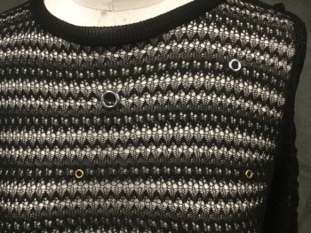 ZARA KNITWEAR, Black, Viscose, Polyamide, Solid, Stripe Open Knit, Silver and Gold Ring Attached, Ribbed Knit Crew Neck/Waistband/Cuff