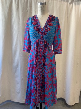 Womens, Dress, Long & 3/4 Sleeve, SALONI, Sky Blue, Hot Pink, Orange, Purple, Navy Blue, Silk, Floral, 8, V-neck, Long Sleeve, Faux Covered Buttons on Front, Red Piping, Zip Back, Slit Front Hem, Ankle Length, Solid Blue Poly Lining 