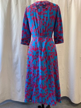 Womens, Dress, Long & 3/4 Sleeve, SALONI, Sky Blue, Hot Pink, Orange, Purple, Navy Blue, Silk, Floral, 8, V-neck, Long Sleeve, Faux Covered Buttons on Front, Red Piping, Zip Back, Slit Front Hem, Ankle Length, Solid Blue Poly Lining 