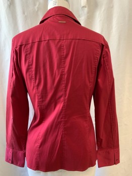 HUGO BOSS, Red Burgundy, Poly/Cotton, Solid, Point Collar with Button Closure, Button Front, Long Sleeves with Button Cuffs, Side Zip Slits on Each Side