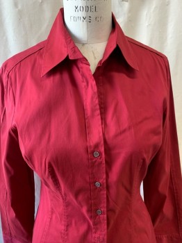 HUGO BOSS, Red Burgundy, Poly/Cotton, Solid, Point Collar with Button Closure, Button Front, Long Sleeves with Button Cuffs, Side Zip Slits on Each Side