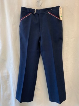 N/L, Navy Blue, Polyester, Solid, Textured Crepe, Red and White Trim at Front Pockets, Self Belt Detail with Silver Buckle at Waist, Boot Cut, Zip Fly, 4 Pockets,