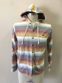 BILLABONG, Faded Red, White, Blue, Goldenrod Yellow, Cotton, Stripes - Horizontal , Flannel, Button Front, Drawstring Hood, Long Sleeves, Cuffs