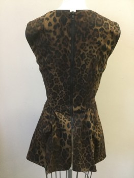 WANDER AMIEIRD, Brown, Lt Brown, Black, Polyester, Cotton, Animal Print, Leopard Print with Black Reptile Pleather Trim, Round Neck,   Sleeveless, Large Pleat & Uneven Hem, Zip Back, Brown Lining