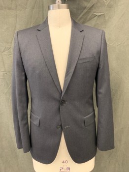 HUGO BOSS, Charcoal Gray, Wool, Heathered, Single Breasted, Collar Attached, Notched Lapel, 2 Buttons, 3 Pockets