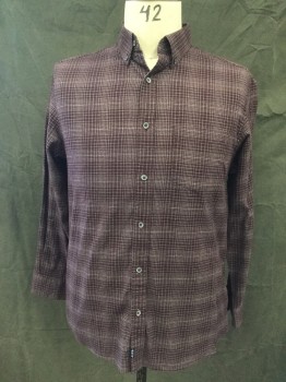 ROWM, Aubergine Purple, Gray, Cotton, Grid , Flannel, Button Front, Collar Attached, Button Down Collar, Long Sleeves, Button Cuff, 1 Pocket