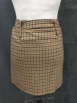 BE, Brown, Black, Cream, Wool, Nylon, Grid , Stripes - Diagonal , Above Knee, Button Front, Drop Pleats, No Waistband, Double Belt Loops, Self Belt with Silver Buckle