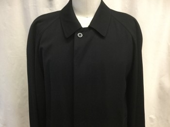 Mens, Coat, Trenchcoat, SANYO NY, Black, Polyester, Cotton, Solid, 40, Single Breasted with Concealed Button closure, Spread Collar, 2 Side Entry Pockets, Long Sleeves, Back Vent,  Belted Cuffs, Below the Knee Length