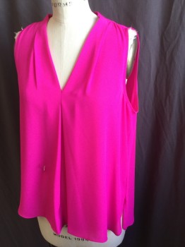 VINCE CAMUTO, Hot Pink, Polyester, Solid, V-neck, 1" Sewn/released Front Center, Sleeveless, Flair, Curved and Uneven Hem