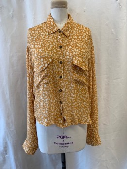 WILD FABLE, Goldenrod Yellow, Off White, Polyester, Floral, Collar Attached, Button Front, 2 Faux Flap Pockets, Long Sleeves