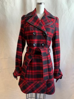 GUESS, Red, Black, Wool, Rayon, Plaid, Double Breasted, Collar Attached, Notched Lapel, Black Pleather Trim, Long Sleeves, Buckle Tab Belted Cuff, 2 Pockets, Yoke, Back Skirt Pleats, Self Belt