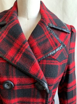 GUESS, Red, Black, Wool, Rayon, Plaid, Double Breasted, Collar Attached, Notched Lapel, Black Pleather Trim, Long Sleeves, Buckle Tab Belted Cuff, 2 Pockets, Yoke, Back Skirt Pleats, Self Belt
