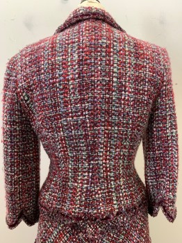 Womens, Suit, Jacket, CYNTHIA STEFFE, Red, Lilac Purple, Black, Mint Green, White, Wool, Tweed, 10, Collar Attached, Single Breasted, Button Front, 4 Pockets, Burgundy Velvet Trim, Purple Wavy Trim on Pocket