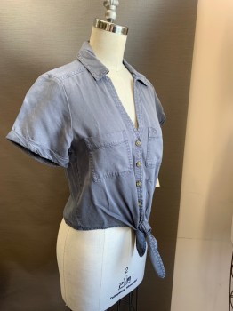 Womens, Blouse, ABERCROMBIE & FITCH, Gray, Lyocell, Solid, XXS, Button Front, V-neck, Collar Attached, Self Tie Front, Mid-drift, Cuffed Short Sleeves, 2 Pockets,