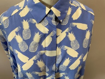 Womens, Blouse, & OTHER STORIES, Periwinkle Blue, Off White, Silk, Novelty Pattern, 4, L/S, B.F., C.A., Pineapple Pattern