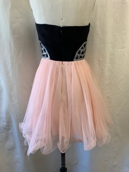 Womens, Cocktail Dress, KAY UNGER, Black, Peach Orange, Polyester, Spandex, Color Blocking, 4, Fit & Flare, Black Bodice, Strapless, Sweetheart Neckline, Side Cut Outs Trimmed with Silver Iridescent Sequins, Peach Tulle Skirt, Zip Back, Prom