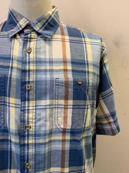 Mens, Casual Shirt, Outdoor Life, Blue, Lt Blue, Off White, Lt Yellow, Brown, Cotton, Plaid, XL, S/S, Button Front, Collar Attached, Chest Pockets