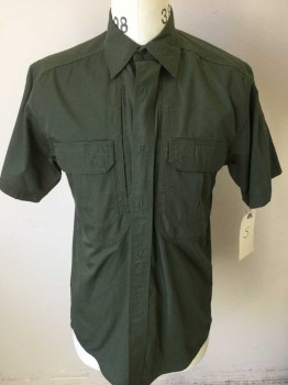 Mens, Casual Shirt, 5.11 Tattical, Dk Green, Cotton, Solid, S, Shirt: Army Green, Short Sleeve B.f 2 Front Velcro Flip Pockets