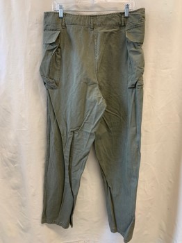 Mens, Pants, Military Uniform, AT THE FRONT, Olive Green, Cotton, Solid, Herringbone, 34/32, Reproduction WWII Army Pant, Button Fly, 2 Side High Cargo Pockets, Belt Loops