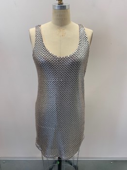 Womens, Cocktail Dress, AQUA , Silver, Gray, Polyester, Spandex, B34, S, W28, Sequins, Gray Mesh, Scoop Neck, Sleeveless, Hem Above Knee, Low Back