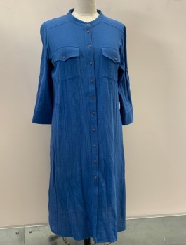 VERONICA BEARD, Royal Blue, Cotton, Solid, Band Collar,  Button Front, 2 Pockets, 3/4 Sleeves, Back Yoke with Pleat