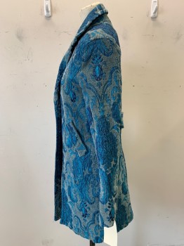 Womens, Coat, DKNY, Turquoise Blue, Sea Foam Green, Polyester, Rayon, Textured Fabric, XS, L/S, C.A., Button Front, 4 Button , Ornate Textured Pattern in Turquoise Against a Seafm Textured Material, Lined Inside