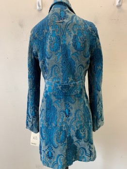 DKNY, Turquoise Blue, Sea Foam Green, Polyester, Rayon, Textured Fabric, L/S, C.A., Button Front, 4 Button , Ornate Textured Pattern in Turquoise Against a Seafm Textured Material, Lined Inside