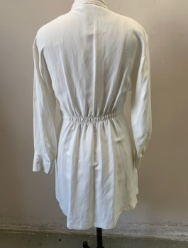 Womens, Dress, Sandro, White, Viscose, Linen, Solid, B36, Long Sleeve with Cuff, Deep V Kneck with 1 Inch Collar Detail Around Neck, Neckline Goes Down Into a Pleated "rouching" Like in a Half Moon Shape. Elastic Waist Gather on Back.  *( Light Pink Koolaid Stain on Back)