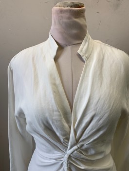 Sandro, White, Viscose, Linen, Solid, Long Sleeve with Cuff, Deep V Kneck with 1 Inch Collar Detail Around Neck, Neckline Goes Down Into a Pleated "rouching" Like in a Half Moon Shape. Elastic Waist Gather on Back.  *( Light Pink Koolaid Stain on Back)