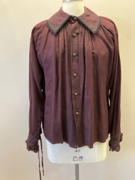Mens, Historical Fiction Shirt, NL, C 50, N 18, Burgundy Cotton/Linen, Aged, L/S, Self Ruffled Cuffs with Self Ties, Brown Wooden Beaded Button Front, Wide Collar with Black Lace Trim, Smocked Detail On Upper CB Neck & Front Yoke & On Cuffs