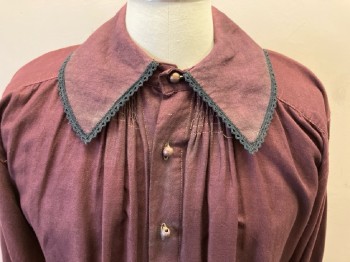 NL, Burgundy Cotton/Linen, Aged, L/S, Self Ruffled Cuffs with Self Ties, Brown Wooden Beaded Button Front, Wide Collar with Black Lace Trim, Smocked Detail On Upper CB Neck & Front Yoke & On Cuffs