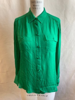Womens, Blouse, J. CREW, Kelly Green, Polyester, Solid, 8, Chiffon, Button Front, Fabric Covered Buttons, Collar Attached, 2 Flap Patch Pockets, Long Sleeves, Button Cuff, Gathered at Shoulder Seams