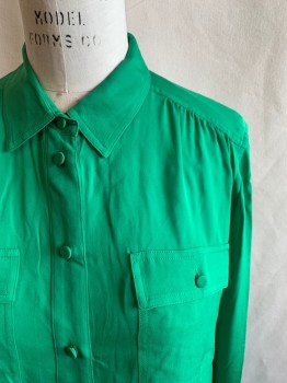 J. CREW, Kelly Green, Polyester, Solid, Chiffon, Button Front, Fabric Covered Buttons, Collar Attached, 2 Flap Patch Pockets, Long Sleeves, Button Cuff, Gathered at Shoulder Seams