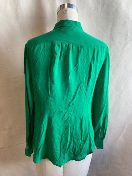 Womens, Blouse, J. CREW, Kelly Green, Polyester, Solid, 8, Chiffon, Button Front, Fabric Covered Buttons, Collar Attached, 2 Flap Patch Pockets, Long Sleeves, Button Cuff, Gathered at Shoulder Seams