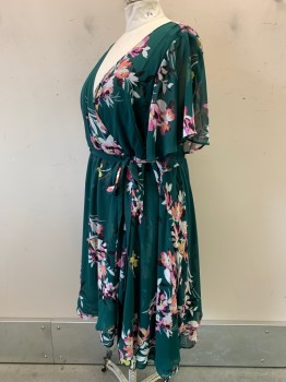 Torrid, Green, Pink, White, Yellow, Black, Polyester, Floral, S/S, V Neck, Crossover, Sheer Sleeves, with Matching Belt