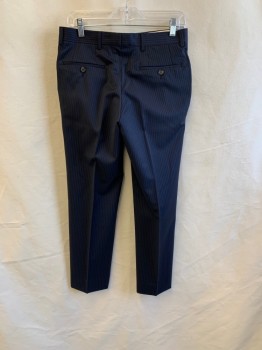 RALPH LAUREN, Navy Blue, Beige, Wool, Stripes - Pin, Side Pockets, Zip Front, Pleat Front