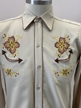 Mens, Western, H BAR C, Beige, Brown, Gold, Polyester, Solid, 33, 15.5, L/S, Snap Button Front, Collar Attached, Chest Pockets, Brown Piping, Embroiderred Detail
