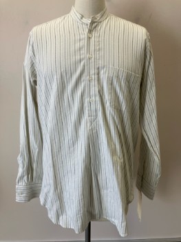 DARCY CLOTHING, White, Blue, Cotton, Stripes - Vertical , Band Collar, L/S, 4 Btns Placket, 1 Pckt, Curved Hem