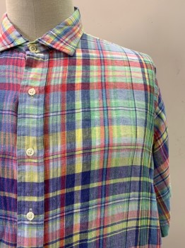 RALPH LAUREN, Blue, Red, Lime Green, Cotton, Plaid, S/S, Button Front, Collar Attached,