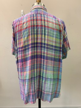 RALPH LAUREN, Blue, Red, Lime Green, Cotton, Plaid, S/S, Button Front, Collar Attached,