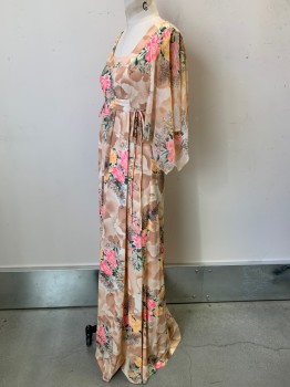 NO LABEL, Beige, Pink, Orange, Green, Tan Brown, Polyester, Floral, Sheer Flowy Sleeves, Squared Neck, Waist Band with Side Ties, Back Zipper,