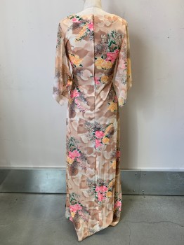 NO LABEL, Beige, Pink, Orange, Green, Tan Brown, Polyester, Floral, Sheer Flowy Sleeves, Squared Neck, Waist Band with Side Ties, Back Zipper,