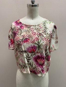 Womens, Top, HAWT HIPPIE, Purple, Cream, Multi-color, Viscose, Floral, B: 36, XS, Round Neck, S/S, Olive Green Leaves