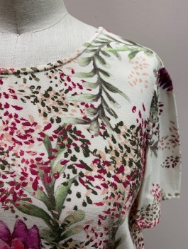 Womens, Top, HAWT HIPPIE, Purple, Cream, Multi-color, Viscose, Floral, B: 36, XS, Round Neck, S/S, Olive Green Leaves